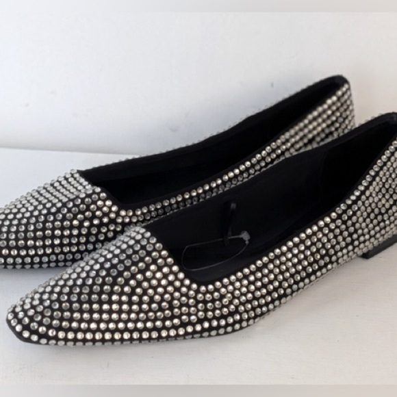ZARA rhinestone embellished Black and Silver pointed Flats size 39 - Picture 2 of 14